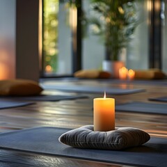 Sticker - Tranquil Yoga Studio with Calming Candle Flame in Cozy Ambiance