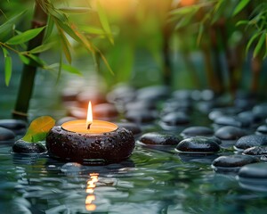 Poster - Zen Garden Candle Illuminating Tranquil Stone and Water Landscape with Bamboo Elements