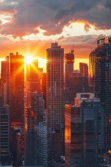 Poster - A detailed 3D city skyline at sunset, with skyscrapers reflecting the golden hues of the setting sun.