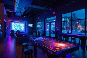 Poster - A digital gaming lounge with interactive VR setups, holographic game boards, and digital tournament screens.