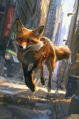 Poster - A fox with cunning human features navigates a bustling city, always one step ahead of danger.