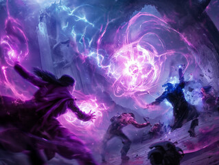 Wall Mural - A group of people are fighting in a purple and blue world. One of the people is holding a purple orb