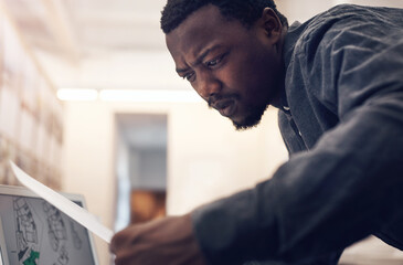Poster - African architect, man and documents for blueprint, planning or thinking for design, creativity or vision. Person, paperwork and floor plan for property, real estate or decision for project in office