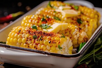 Wall Mural - Grilled corn on the cob with butter and spices in a dish, garnished with herbs. Perfect for summer barbecues and outdoor gatherings.