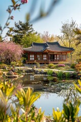 Wall Mural - A hanok nestled in a blooming garden, with a serene pond and sunlight creating a magical spring scene.