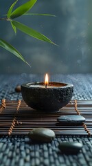 Poster - Zen Candle Flame Illuminating Bamboo and Stones on Tatami Mat