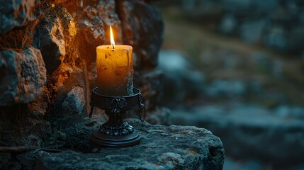 Canvas Print - Glowing Candle in Medieval Iron Holder against Stone Castle Backdrop