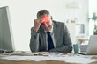 © peopleimages.com - Mature business man, headache and office with red glow for pain, stress or fatigue at accounting agency. Senior person, migraine and overlay for burnout with hands, massage or frustrated in workplace