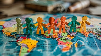 Paper cutout figures standing on a world map, representing global unity and peace for the International Day of Peace.