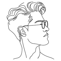 Young man portrait, line art drawing. Abstract beautiful portrait hipster boy in sunglasses is single black line on white background