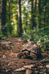 Wall Mural - A turtle with wise human expressions moves slowly but surely through the forest, symbolizing patience and perseverance.