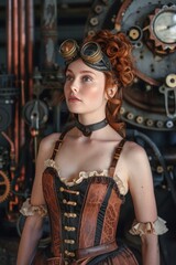 Poster - A Victorian lady with intricate brass goggles and a leather corset stands against a backdrop of steam-powered machinery.