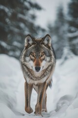 Wall Mural - A wolf with a fierce human gaze leads a pack through the snowy wilderness, embodying strength and leadership.