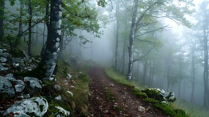 Sticker - Mystical Fog Shrouded Forest Trail Beckons Hikers to Explore the Unknown