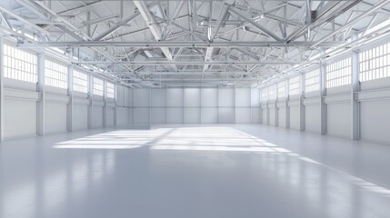  An empty modern warehouse with white floor and high ceilings showcasing spaciousness and industrial design