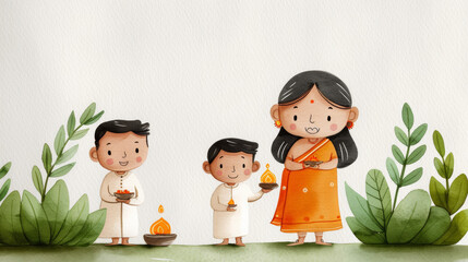 Sticker - a family celebrating Raksha Bandhan together, watercolor scene with joyful expressions and traditional attire 