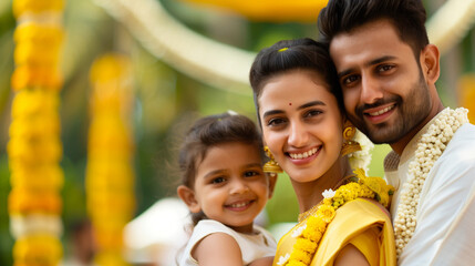 Wall Mural - A family dressed in traditional Kerala attire, posing together with a backdrop of Onam decorations 