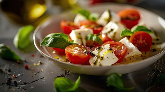 Fresh caprese salad with juicy tomatoes, mozzarella cheese, basil leaves, and olive oil on a white plate.
