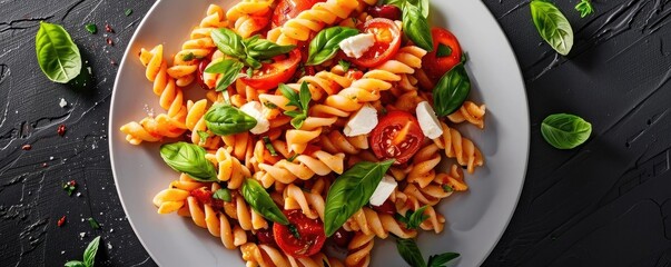 Wall Mural - Delicious fusilli pasta salad with cherry tomatoes, fresh basil, and mozzarella on a white plate on dark background, top view.