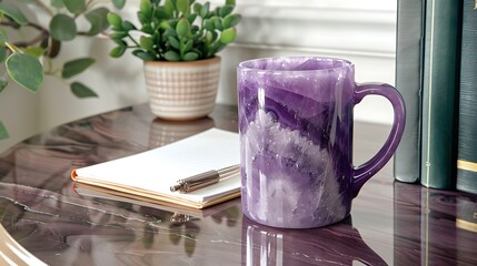 Elegant amethyst-colored mug on a smooth ash wood desk, complete with notepad and decorative Ficus.