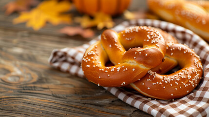 Wall Mural - Bavarian pretzel shaped like a pumpkin on a rustic wooden table with a checkered tablecloth and fall decorations 