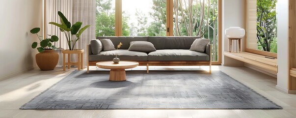 Stylish gray wool rug in a minimalist living room with light wood furniture and large windows, creating a serene atmosphere.