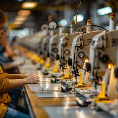 Poster - Rows of Sewing Machines in Clothing Factory with Workers Stitching Garments Industry Concept