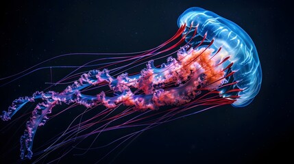 Wall Mural - Mesmerizing Neon Jellyfish with Trailing Glowing Tentacles on Dark Background