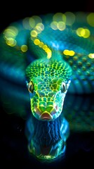 Wall Mural - Coiled Neon Snake with Vibrant Shimmering Scales on Isolated Dark Background