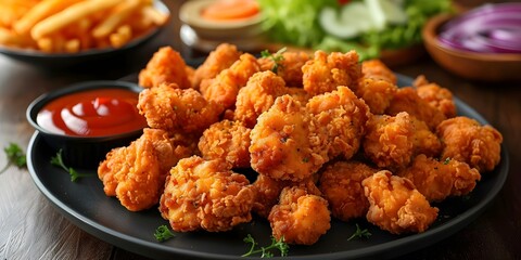 Wall Mural - Boneless Fried Chicken Bites Served on a Black Plate. Concept Food Photography, Chicken Bites, Restaurant Quality, Presentation, Black Plate