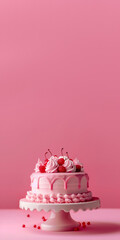 Poster - Pink cake with cream and berries isolated on pink background