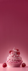 Wall Mural - Cupcake with raspberry and cream on pink gradient background