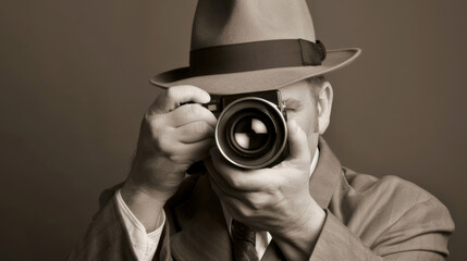 ''retro photographer in 1950s attire, holding a vintage camera, sepia tone, old-fashioned studio setting with classic props'' 