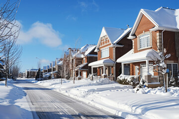 Traditional American residential houses at snowy street. Suburban neighborhood at winter season