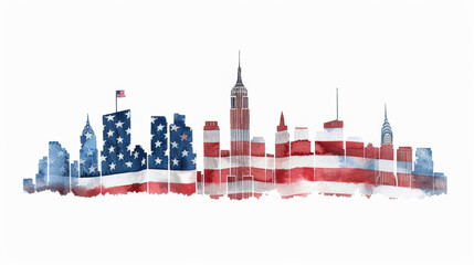 watercolor painting of a skyline with an American flag overlay, blending into the background, symbolizing remembrance on Patriot Day 