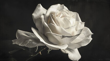 Wall Mural - Monochromatic macro still life of a white rose on black background vintage painting style