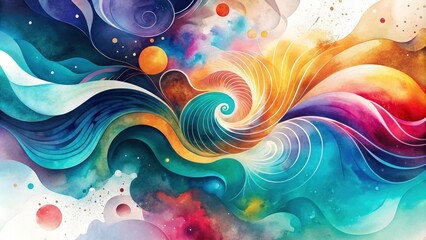 Abstract background combining geometric shapes and fluid watercolor swirls