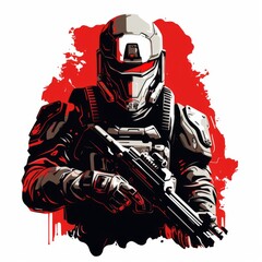 Wall Mural - Futuristic soldier in advanced armor holding a high-tech weapon, against a red background. Concept of science fiction, gaming, military, war, action, cyberpunk.