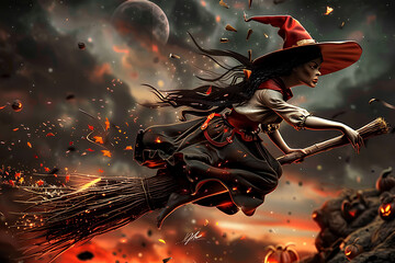  Witch flying on broomstick with black cat, Halloween night atmosphere