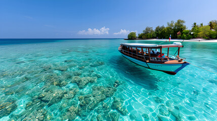 Tropical paradise boat in crystal clear turquoise water