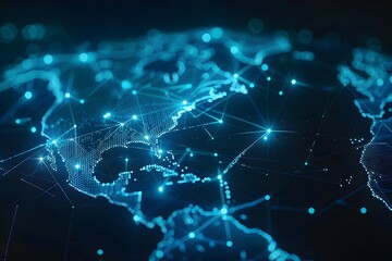 Poster - Abstract digital world map with global network connections on a blue background. Representing digital technology, the internet and online communication. The Earth in space is made of lines connected t