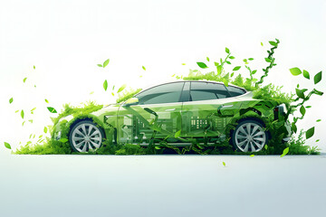 Electric car, clean green energy concept, EV car covered with green plants, illustration,