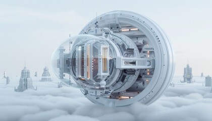 Wall Mural - A futuristic space ship is floating in the sky above a city