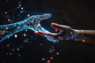 Poster - dark blue background with a human hand and a robot's finger touching