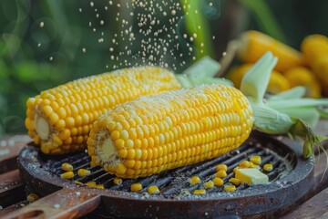 Wall Mural - Close-up of two grilled corn on the cob with seasoning being sprinkled, set on a rustic wooden table with blurred greenery and corn in the background.