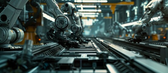 Poster - In this wide shot, the focus is on a modern manufacturing plant with robotic arms.