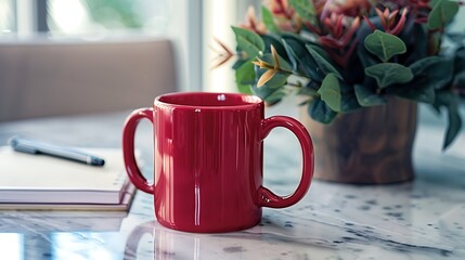 Ruby red mug on a sleek marble table, ideal for ad designs, with a notepad and Ficus plant.