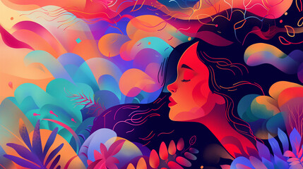 Woman with flowing hair on abstract colorful background
