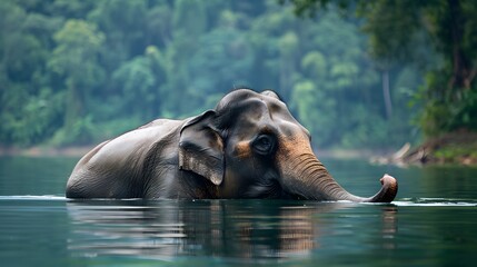 A male Asian elephant is enjoying bathing. 