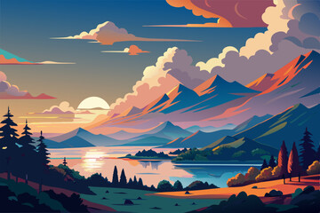 Wall Mural - Beautiful pink mountain silhouette landscape